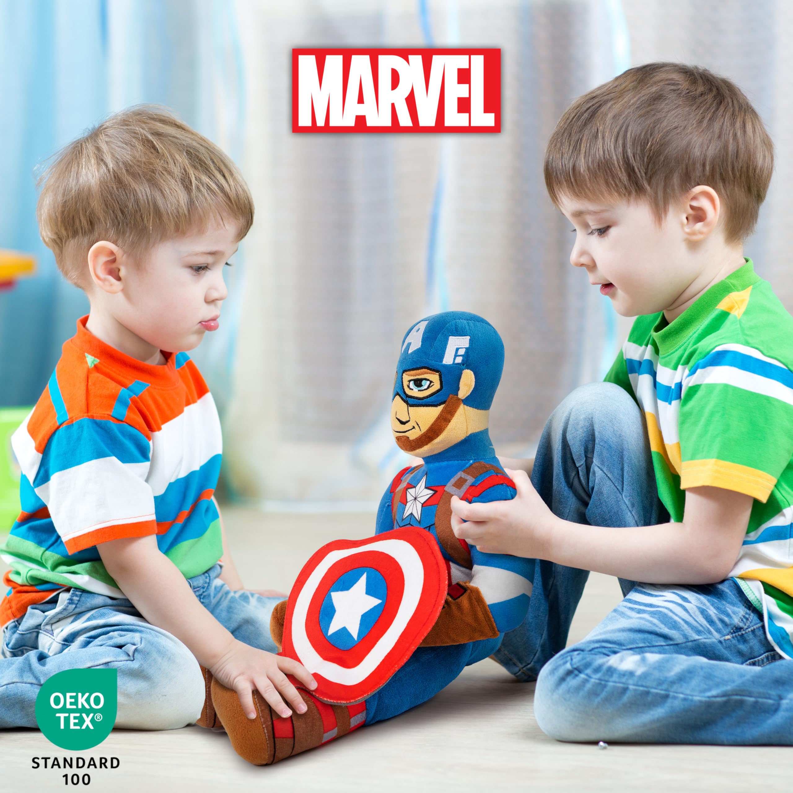 Jay Franco Captain America pillow buddy durable fabric for long-lasting play and snuggles.