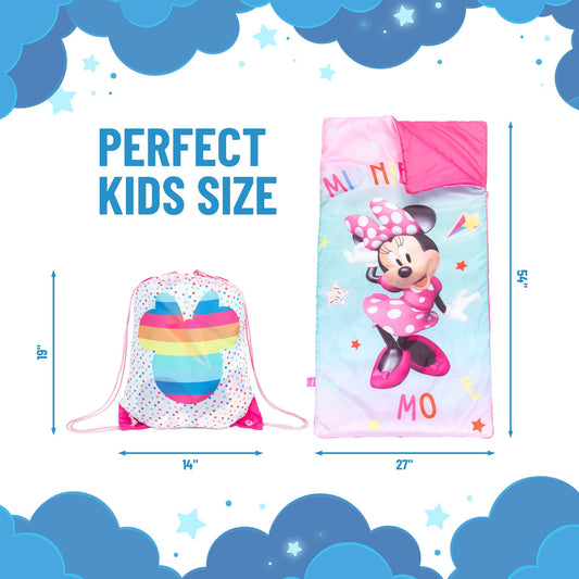 Jay Franco Minnie Mouse slumber sack with drawstring bag for easy packing.