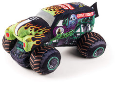 Jay Franco Monster Jam Grave Digger pillow buddy, 12.5-inch plush, soft cuddle-worthy texture.