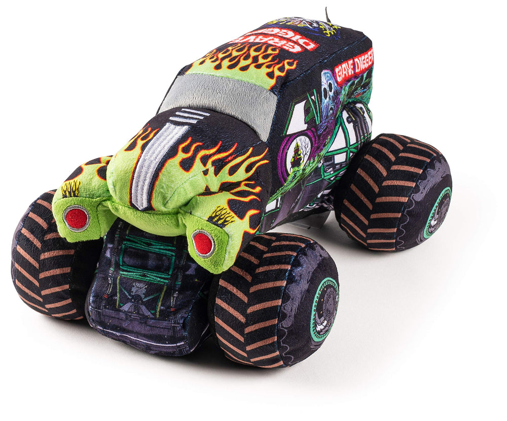 Close-up of Grave Digger plush showing detailed stitching and soft microfiber fabric.