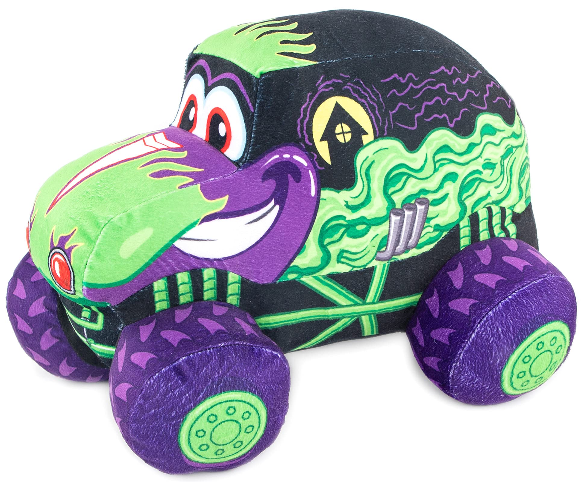 Jay Franco Monster Jam Grave Digger pillow buddy provides soft cuddle support for car trips.
