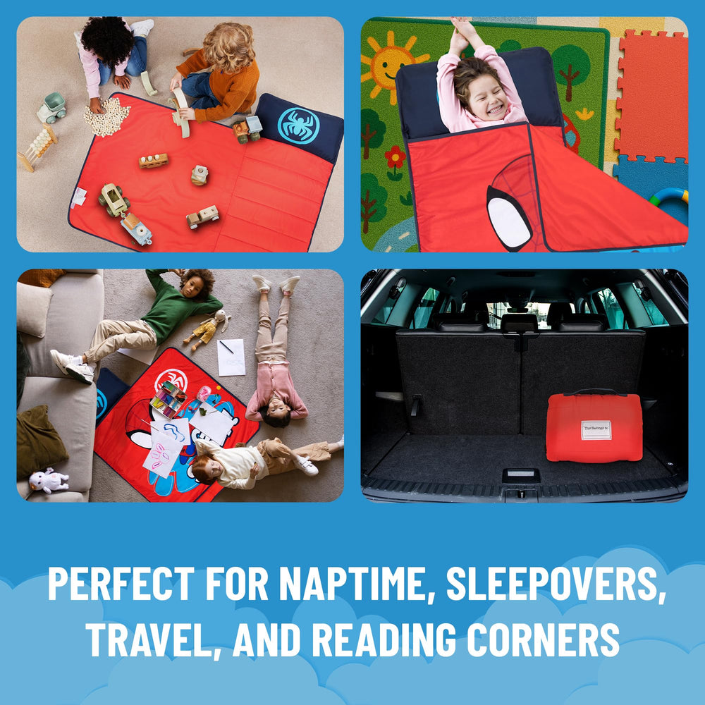 Jay Franco Spiderman nap mat blanket rolled for cozy travel.
