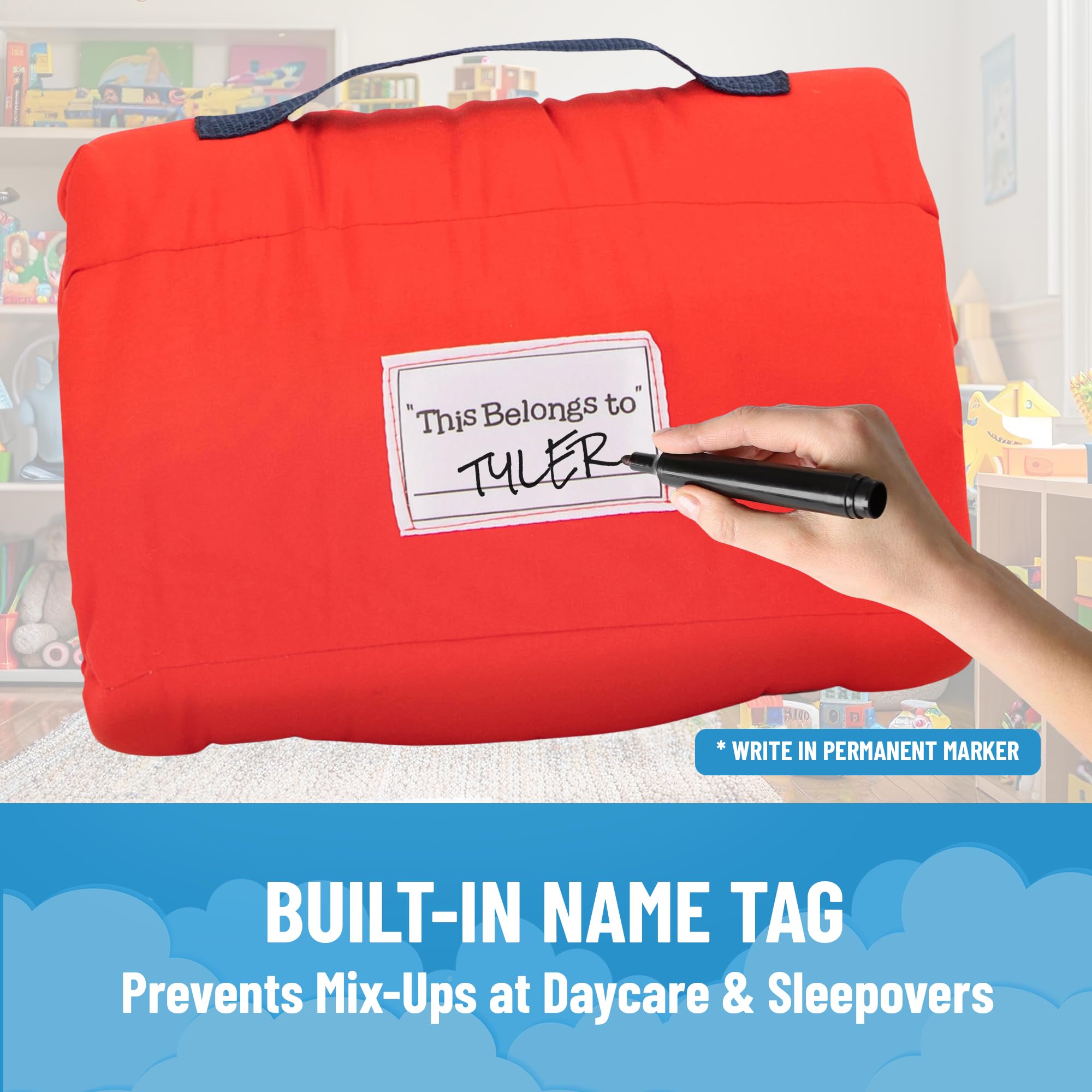 Jay Franco Spiderman nap mat carry handle for easy transport.