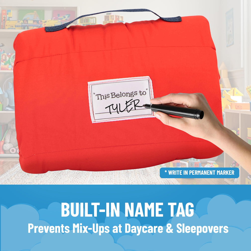 Jay Franco Spiderman nap mat carry handle for easy transport.