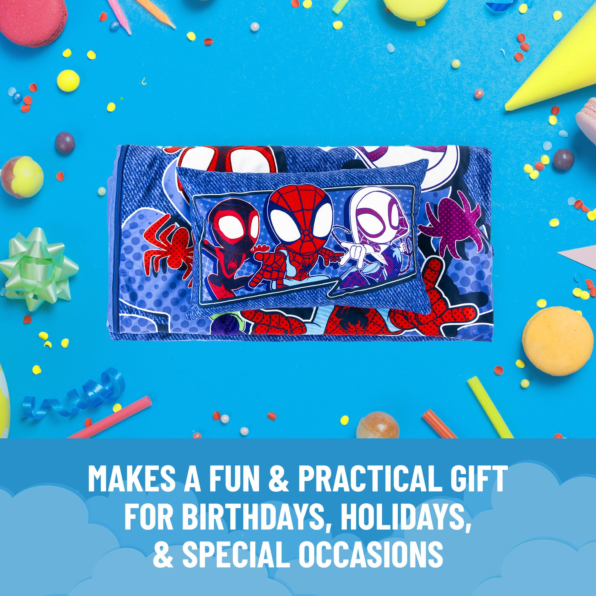 Jay Franco Spidey slumber set packaging highlights gift appeal.