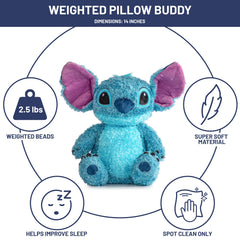 Stitch weighted pillow buddy used at bedtime for comforting, cuddly moments.