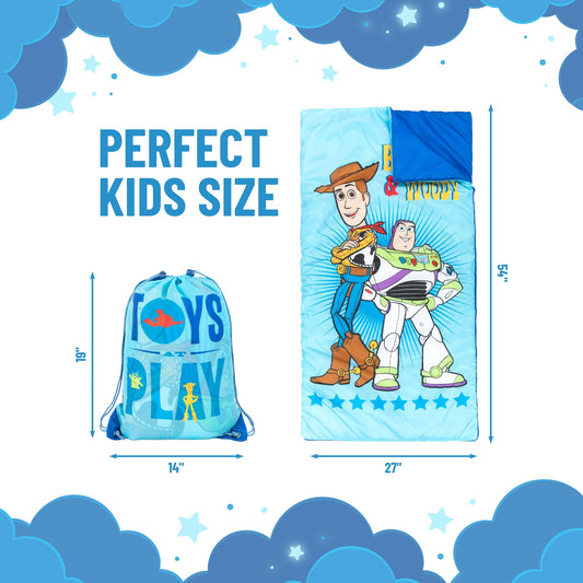 Jay Franco Toy Story slumber sack soft microfiber fabric for comfortable indoor use.