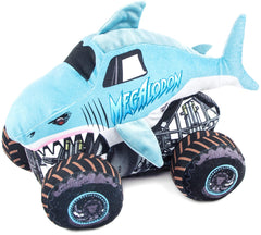 Jay Franco Monster Jam Megalodon pillow front view shows a soft 16-inch cuddle buddy.