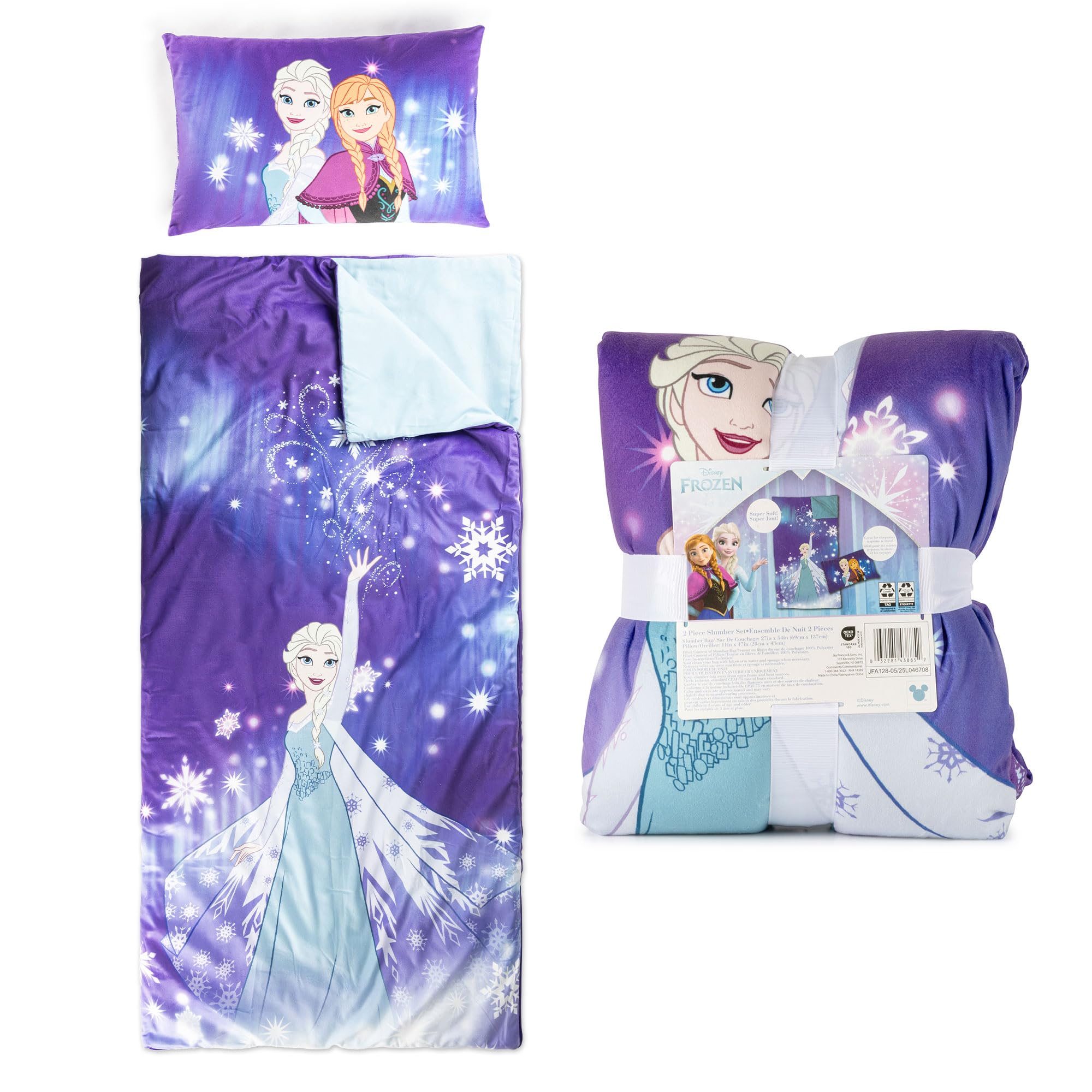 Jay Franco slumber bag front view with Frozen Elsa and Anna design for cozy sleepovers