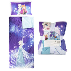 Jay Franco slumber bag front view with Frozen Elsa and Anna design for cozy sleepovers