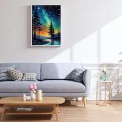 Finished Jazcimdo Northern Lights puzzle displayed as wall art
