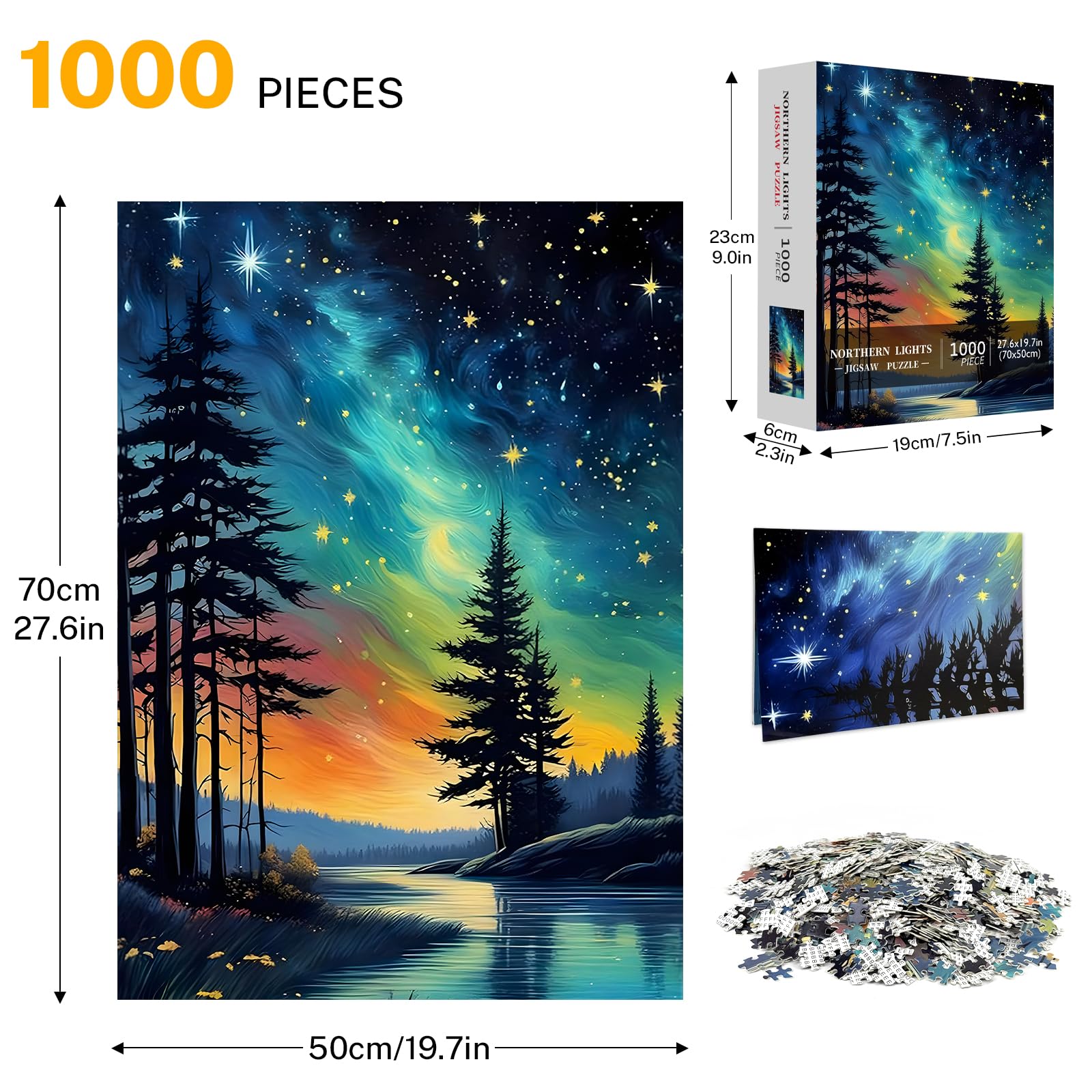 Box contents include puzzle pieces, poster, and instructions