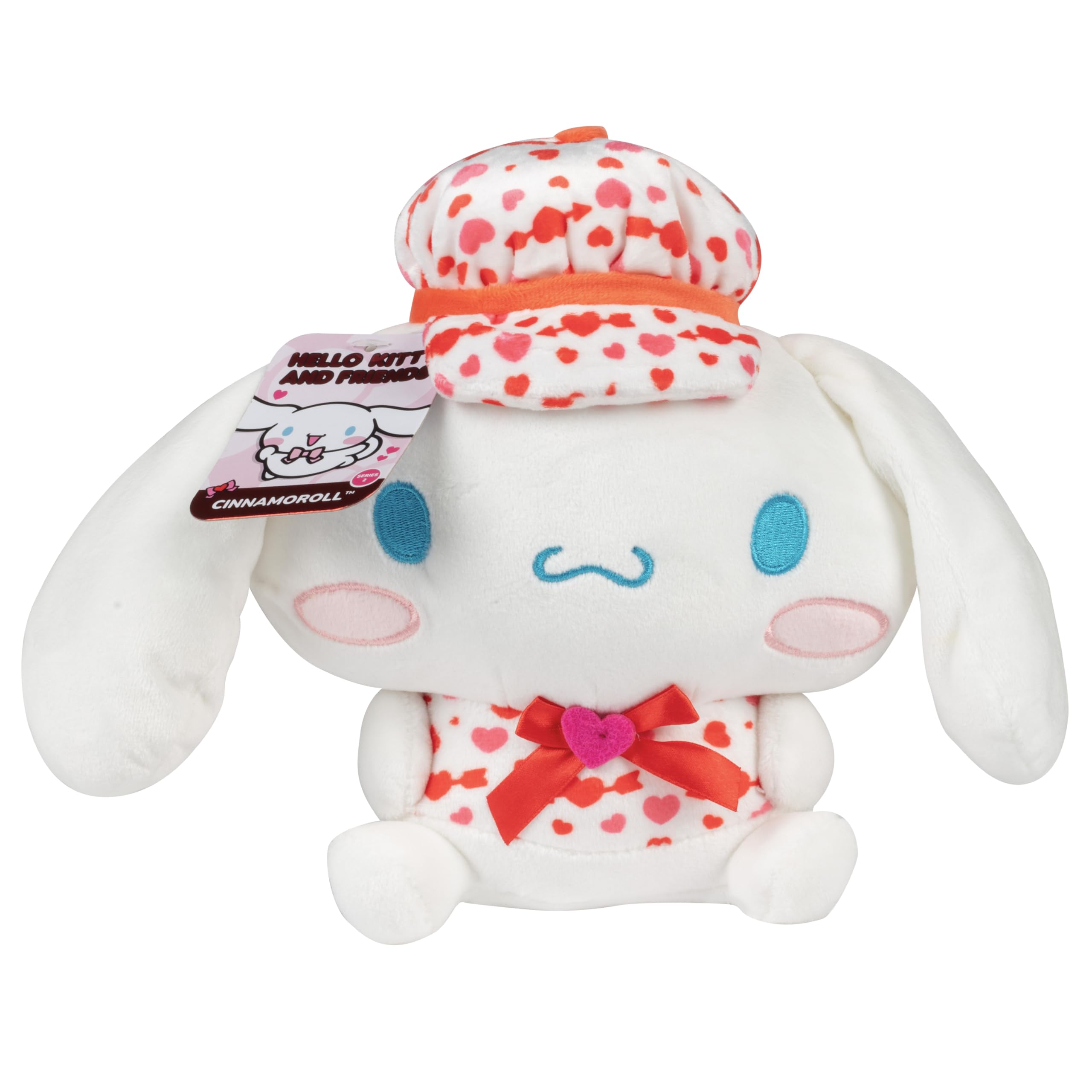 Jazwares Cinnamoroll 8-inch plush front view with heart print, perfect cuddling companion for kids.