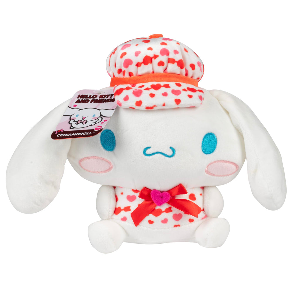 Jazwares Cinnamoroll 8-inch plush front view with heart print, perfect cuddling companion for kids.