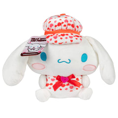Jazwares Cinnamoroll 8-inch plush front view with heart print, perfect cuddling companion for kids.