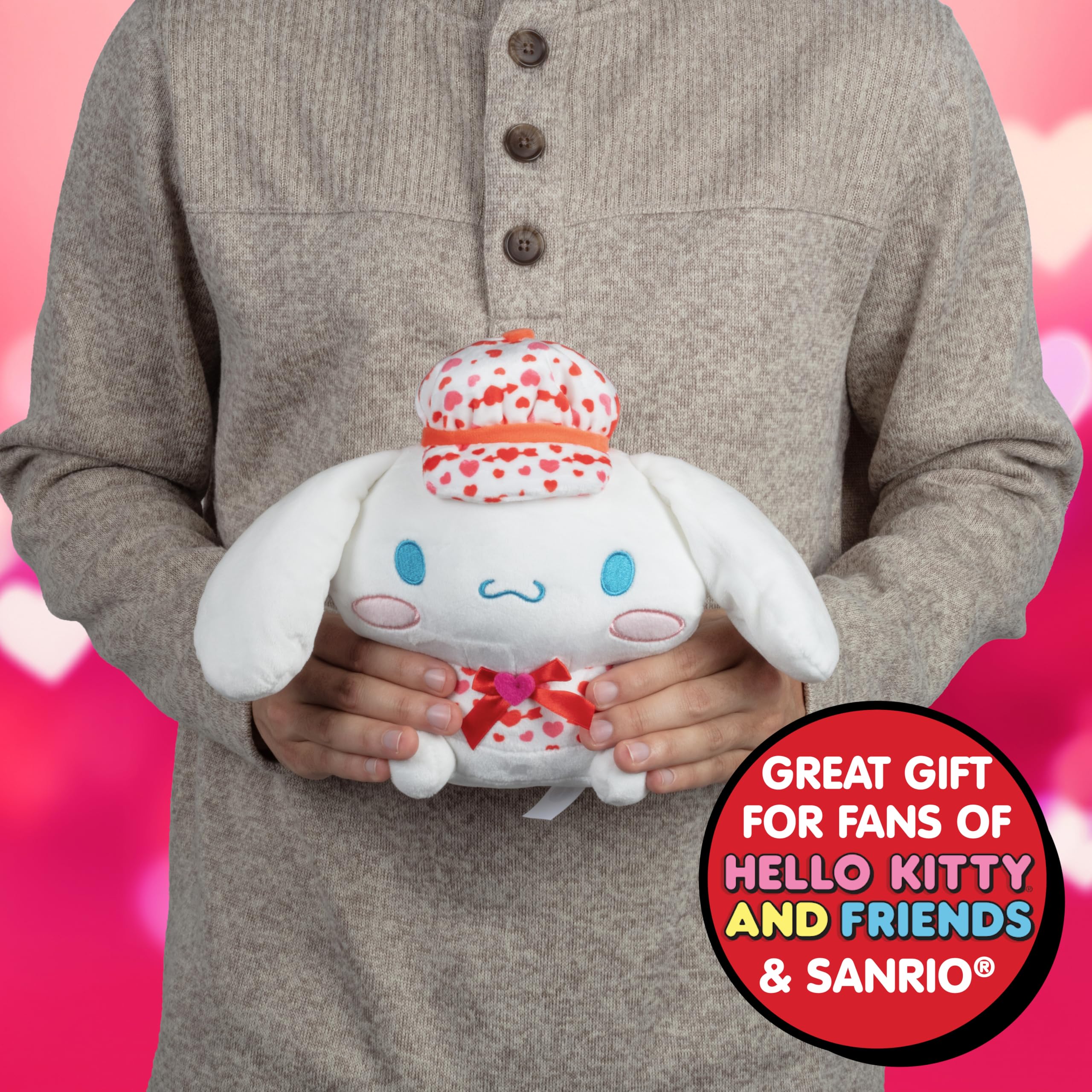 Jazwares Cinnamoroll 8-inch plush with hat detail, ideal for gift-giving and holiday cheer.