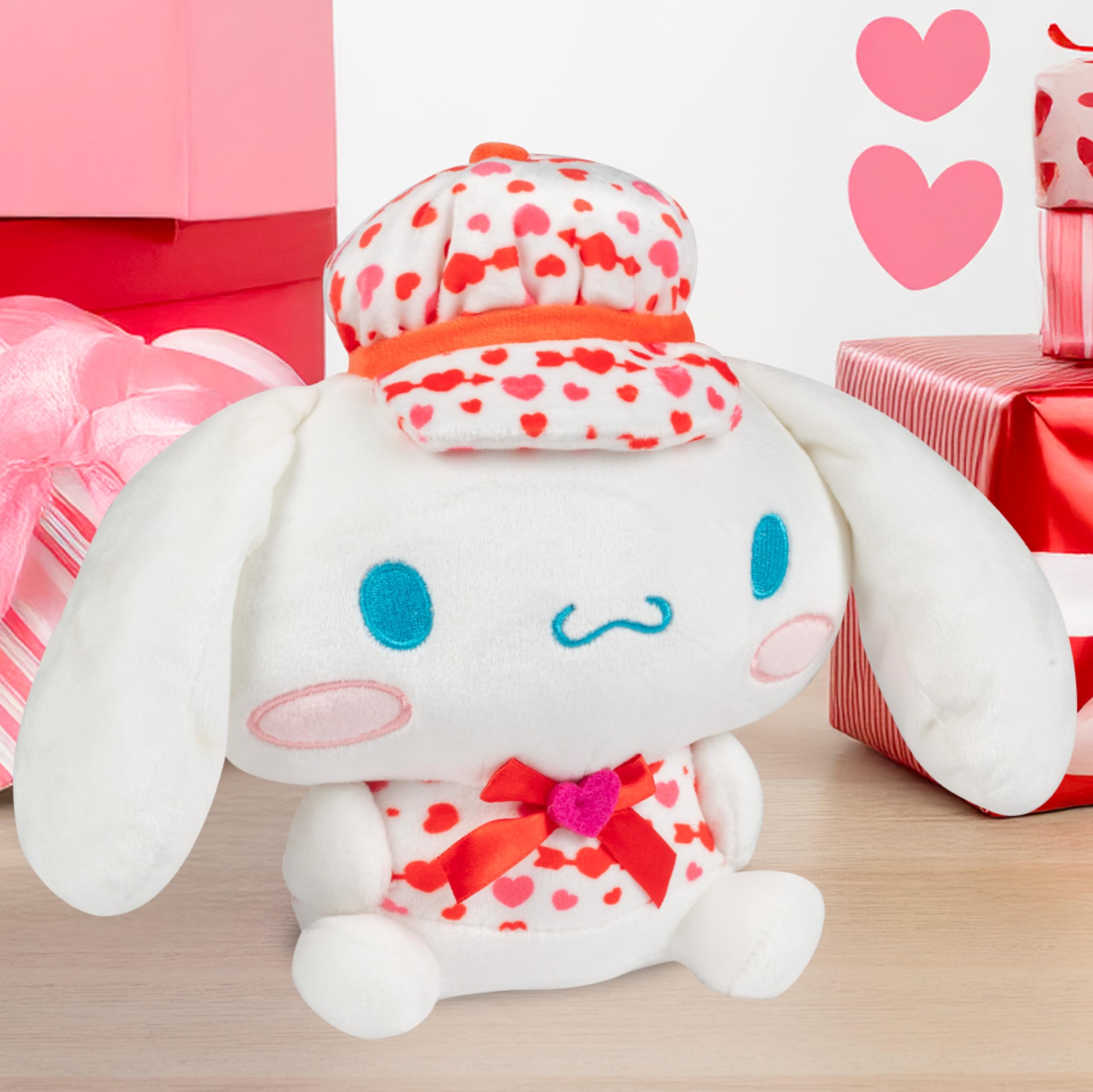 Jazwares Cinnamoroll 8-inch heart-plush packaging shows official licensed Hello Kitty product.