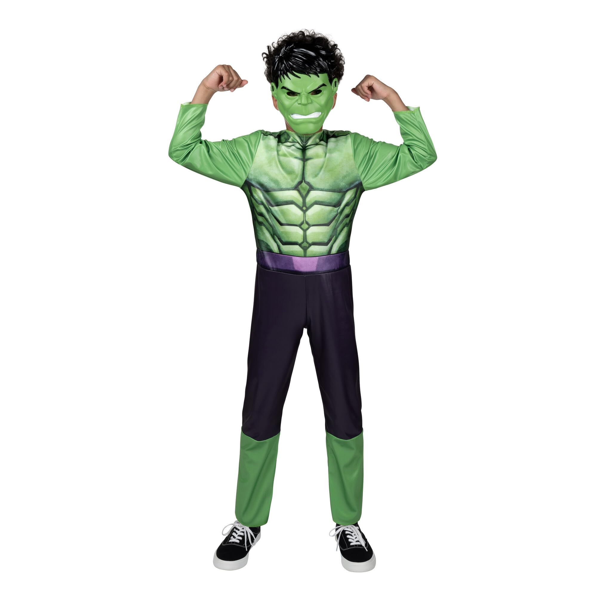 Jazwares Marvel Hulk costume jumpsuit front view for active events.