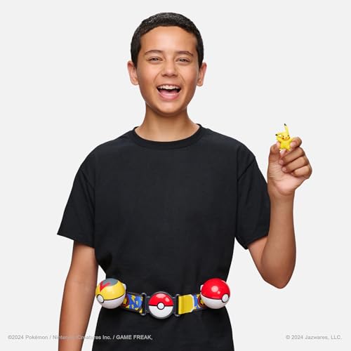 Pikachu 2-inch battle figure shown with belt clip for on-the-go play.