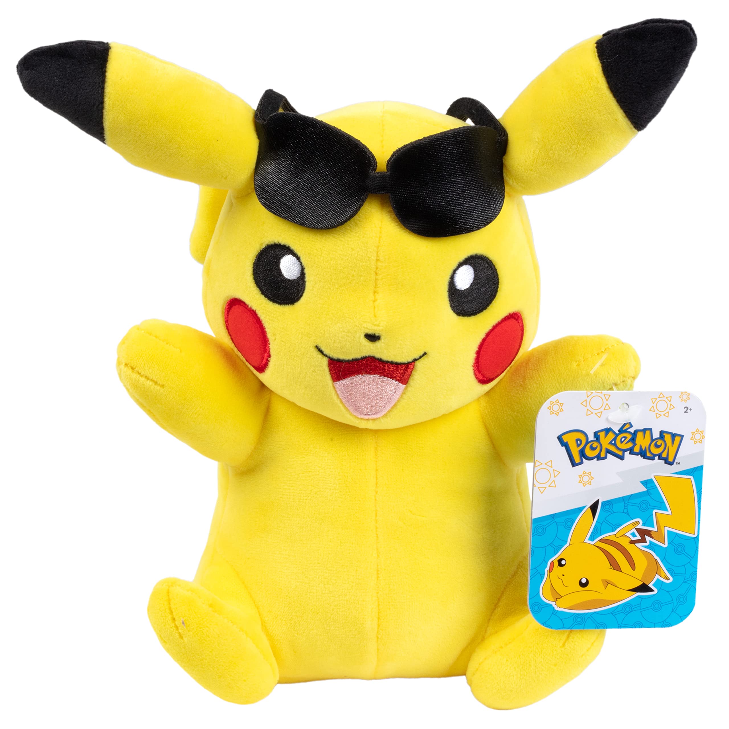 Jazwares Pikachu plush with sunglasses, a soft cuddle buddy for kids