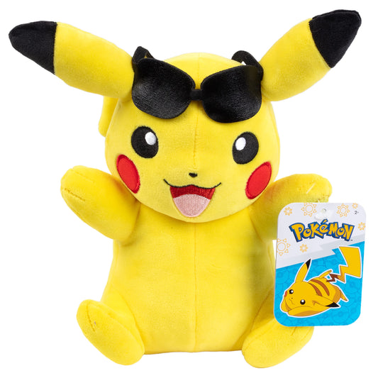 Jazwares Pikachu plush with sunglasses, a soft cuddle buddy for kids