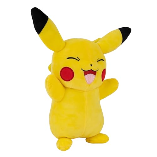 Jazwares Pokemon Pikachu plush 12-inch face close-up, cheerful expression captures character.