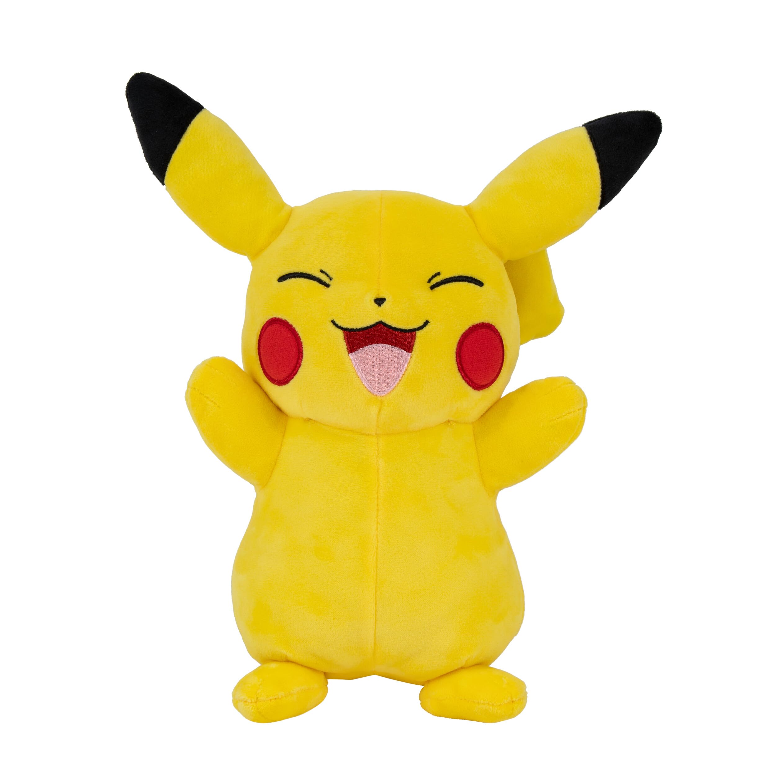 Jazwares Pokemon Pikachu plush 12-inch front view, soft and cuddly for imaginative play.