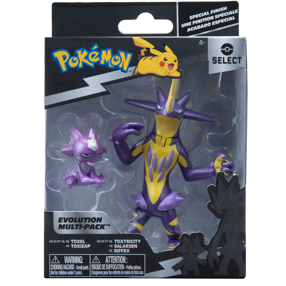 Jazwares Pokémon Select Evolution Toxtricity 3-inch figure with articulated limbs for dynamic poses.