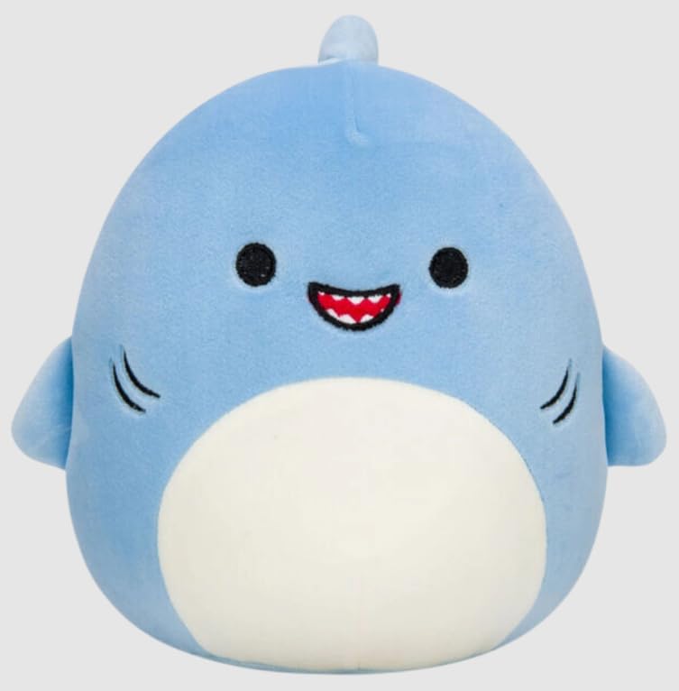 Jazwares Squishmallows Rey blue shark plush, cozy cuddle buddy for bedtime and play.