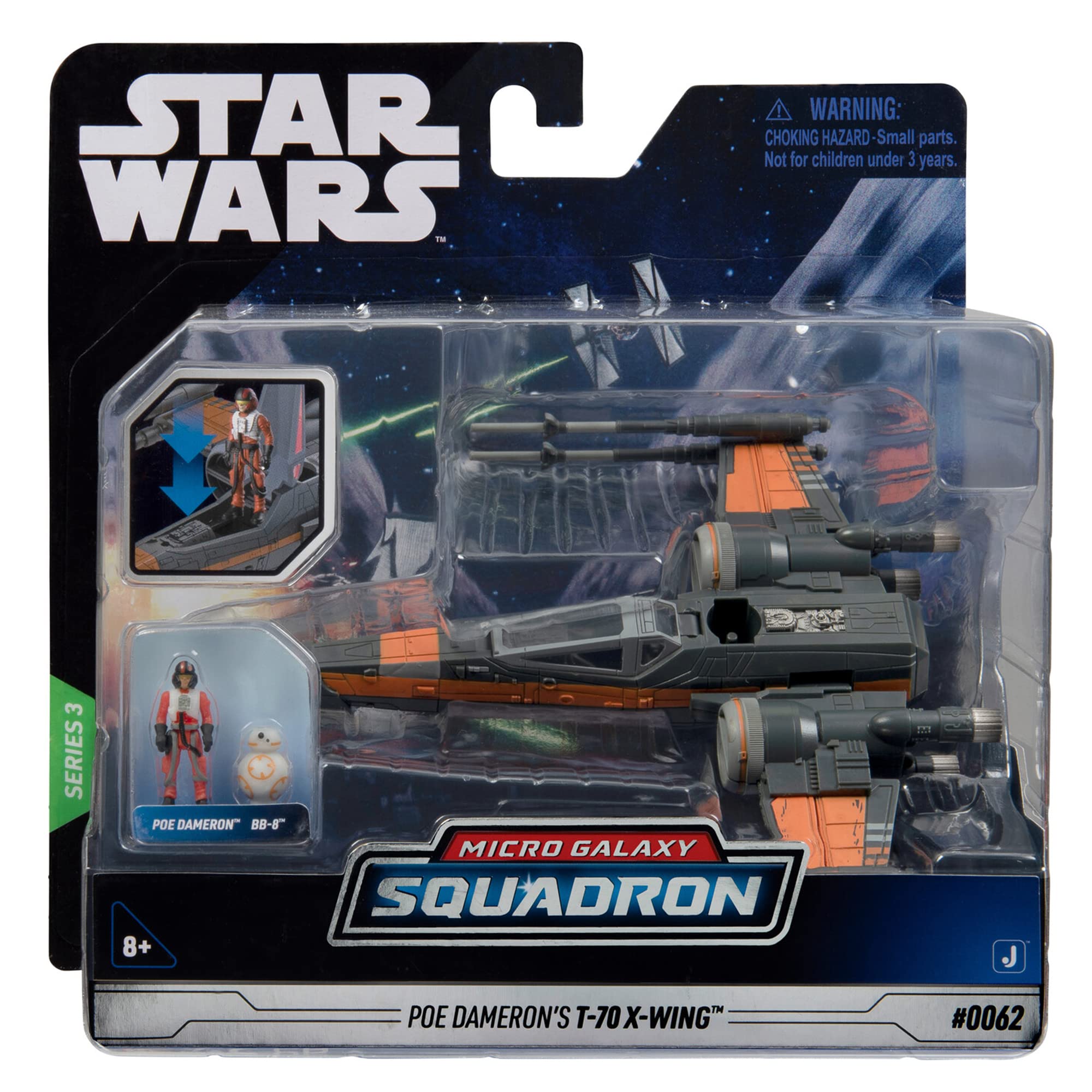 Jazwares Star Wars Micro Galaxy Poe Dameron T-70 X-Wing with retractable landing gear for display.