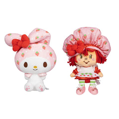 Jazwares Strawberry Shortcake and My Melody plush duo front view for display and gifting.