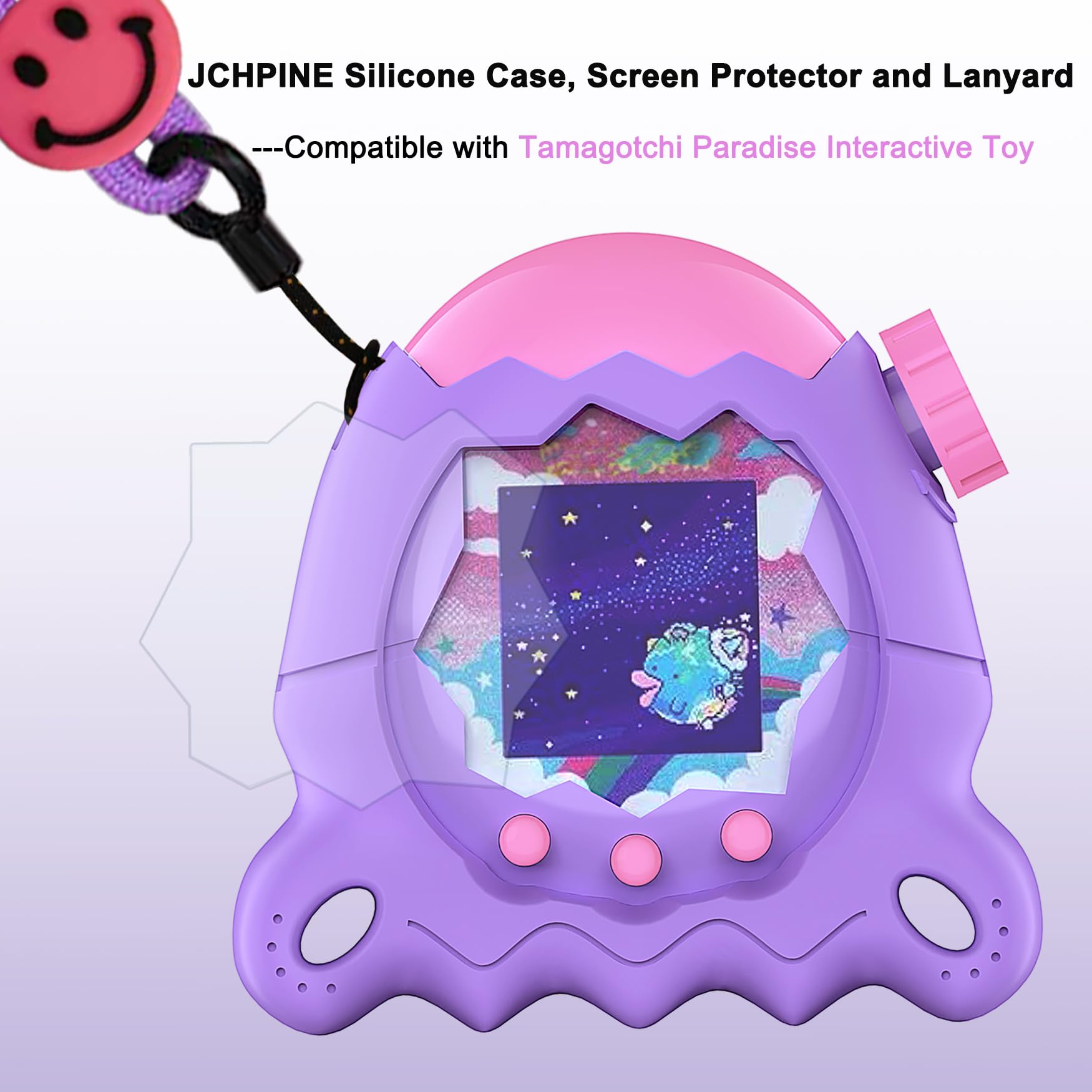 JCHPINE Tamagotchi Paradise stand-up feet prop the device for easy viewing on a desk.