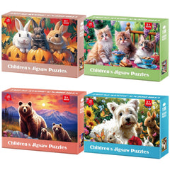 Jeacirio 4-pack 100-piece puzzle set with cute creatures for kids.
