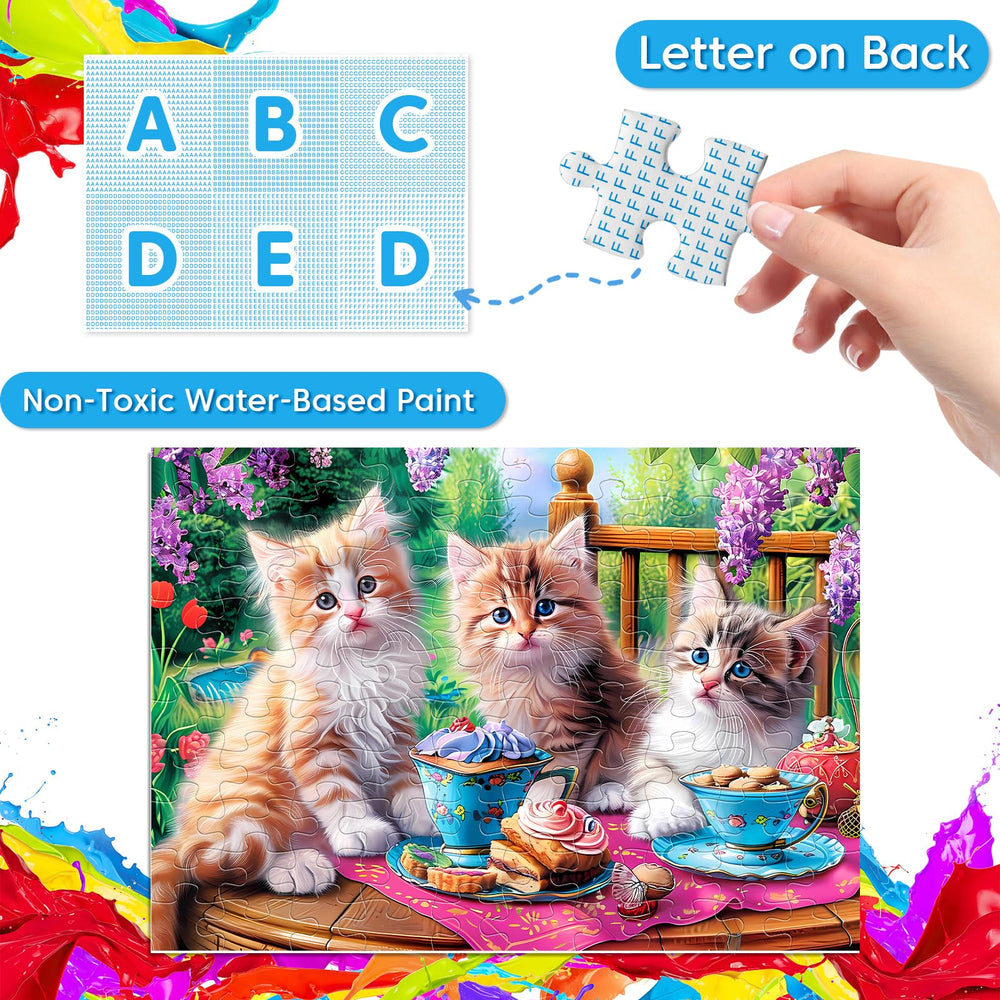 Back-markings A-F on Jeacirio puzzle to guide children during assembly.