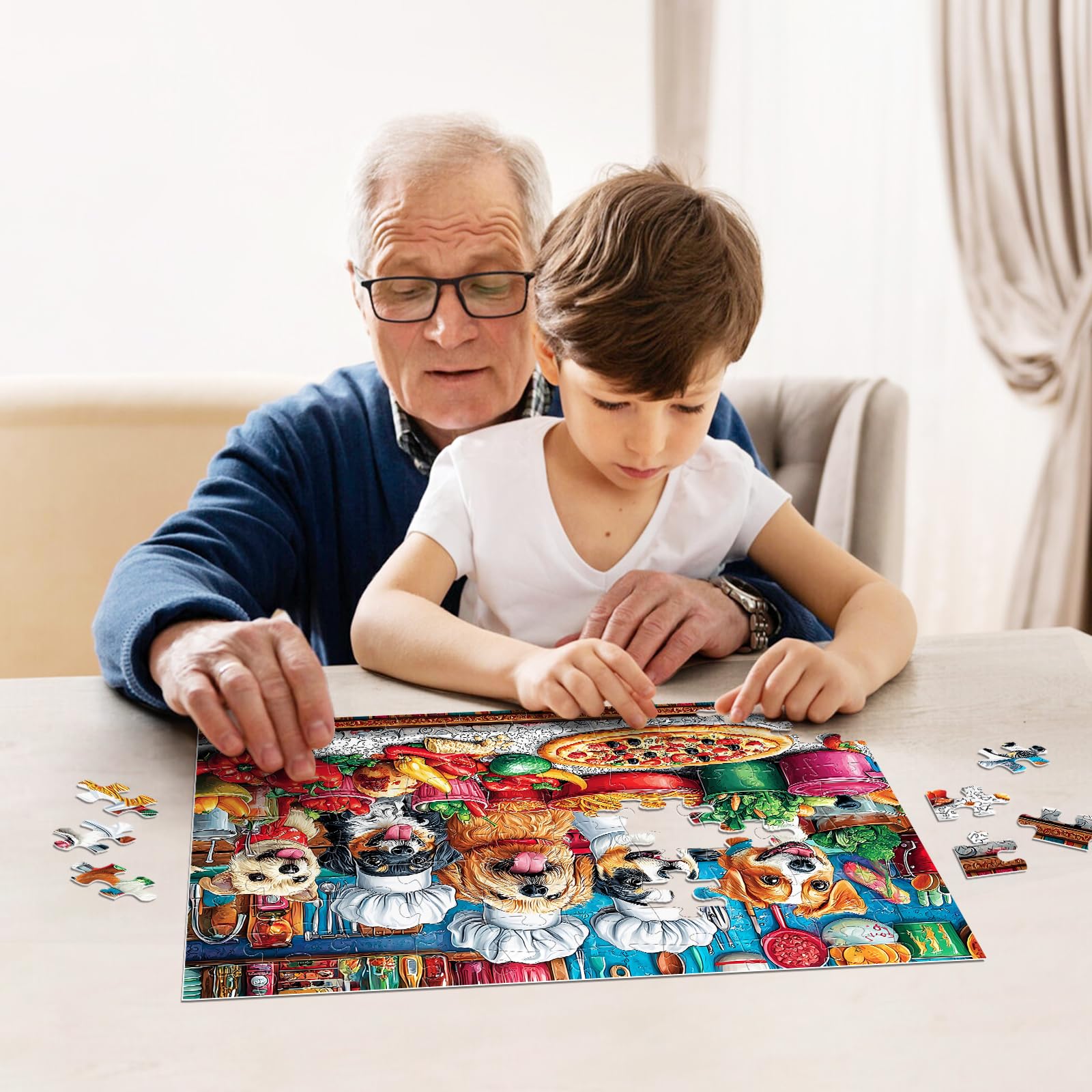 Jeacirio dogs-party puzzle scene promotes collaborative play among family members.