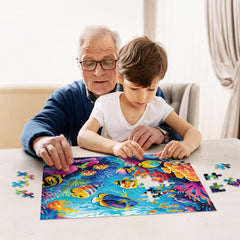 Jeacirio Ocean seas puzzle with vibrant hues fosters visual-spatial skills during family time.