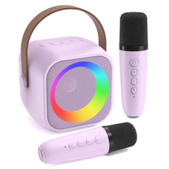 Jeefu Karaoke Machine for Kids front view in purple with two microphones for fun singing
