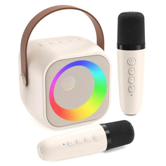 Jeefu karaoke machine front view with vibrant LED lights for kids' performances.