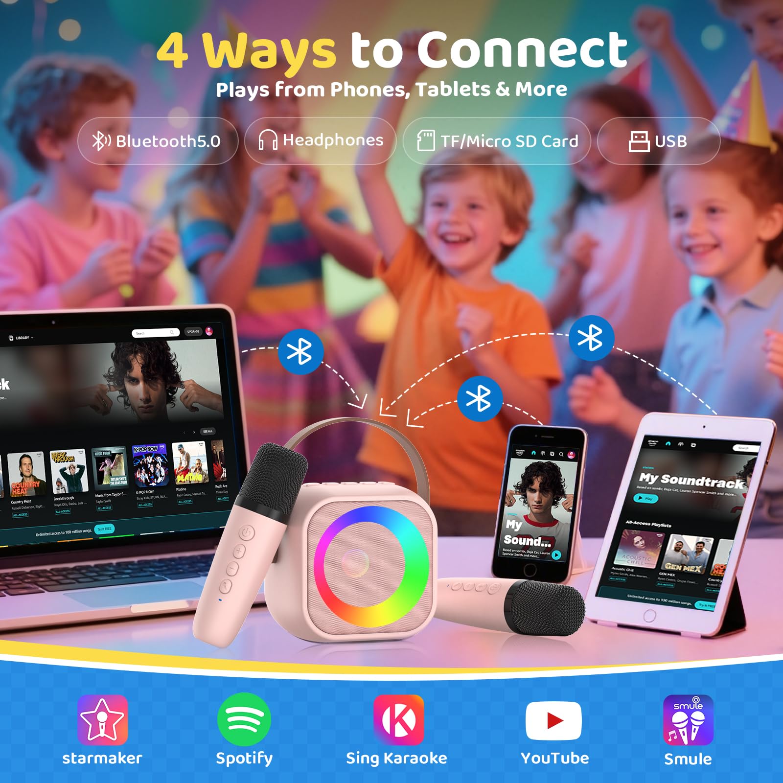 Jeefu LED lighting mode adds six colorful effects to boost party energy.