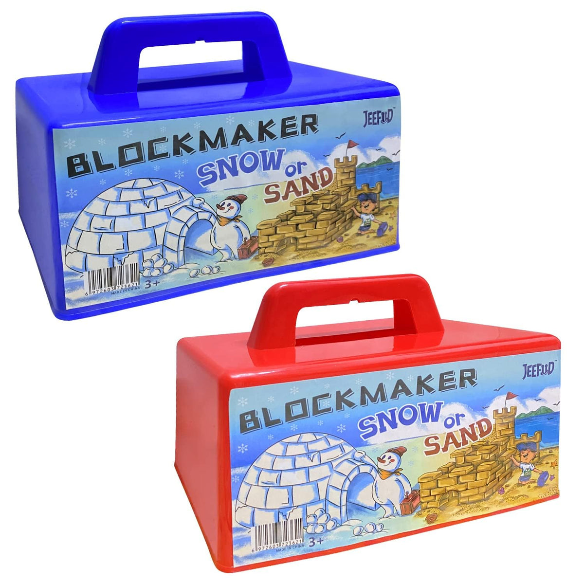 JEEFUD Snow Block Maker two-pack in blue and red for durable outdoor building.