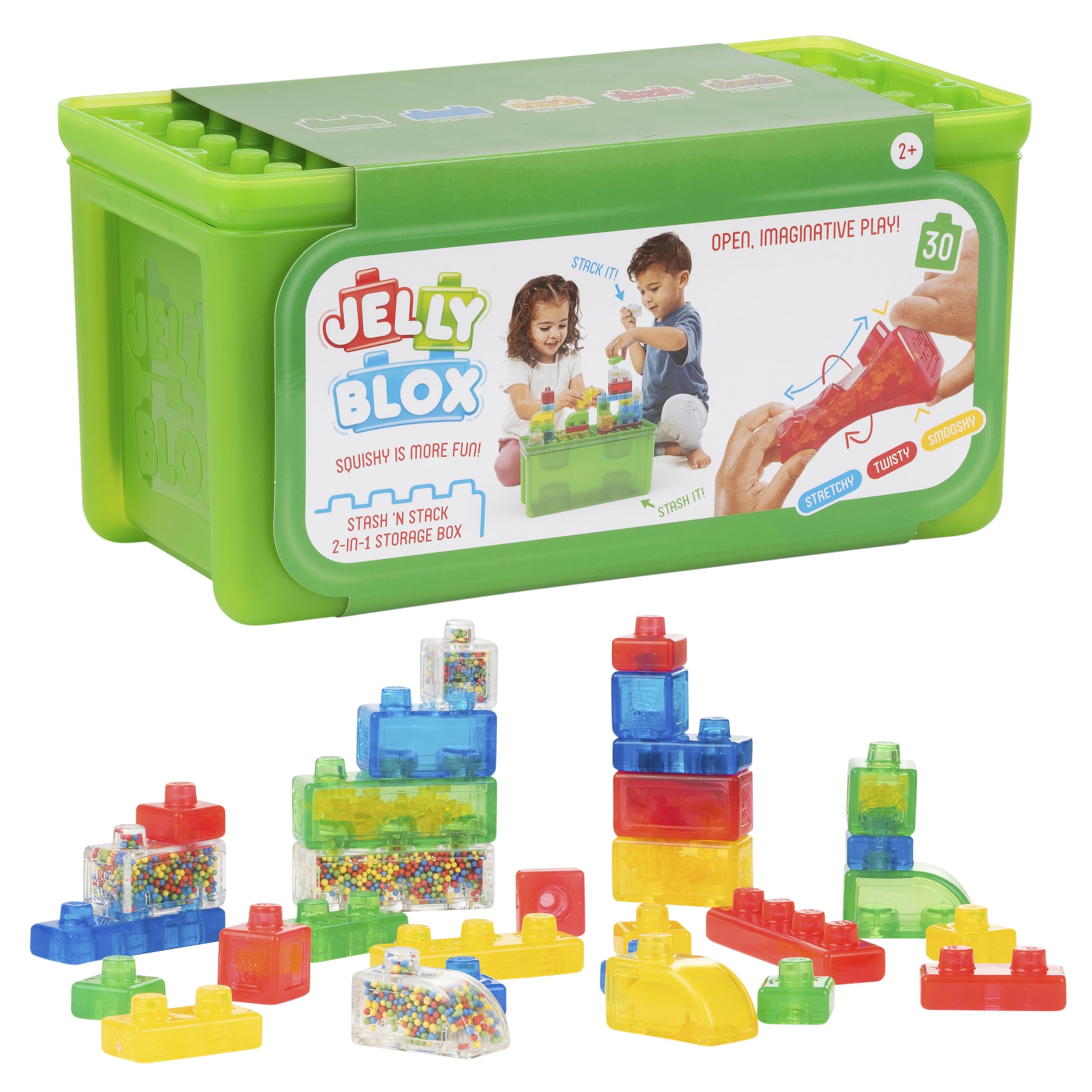 Jelly Blox Stash 'N Stack 2-in-1 storage case with colorful blocks for safe, sensory play.