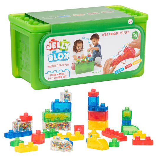 Jelly Blox Stash 'N Stack 2-in-1 storage case with colorful blocks for safe, sensory play.