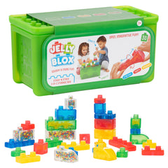 Jelly Blox Stash 'N Stack 2-in-1 storage case with colorful blocks for safe, sensory play.