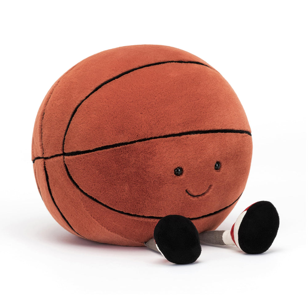 Jellycat Amuseables Basketball toy front view, orange fur and cheerful smile for sports fans