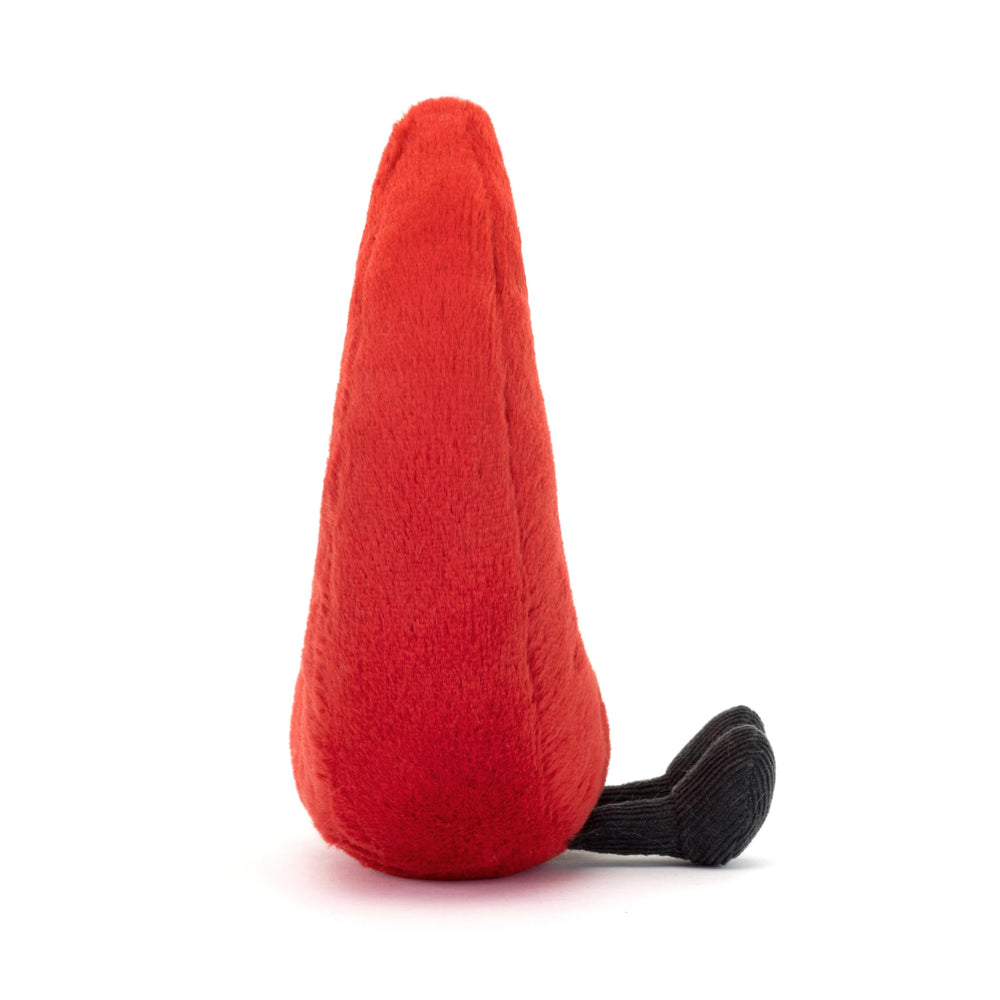 Cocoa cord boots finish on the Jellycat Amuseables chilli pepper toy