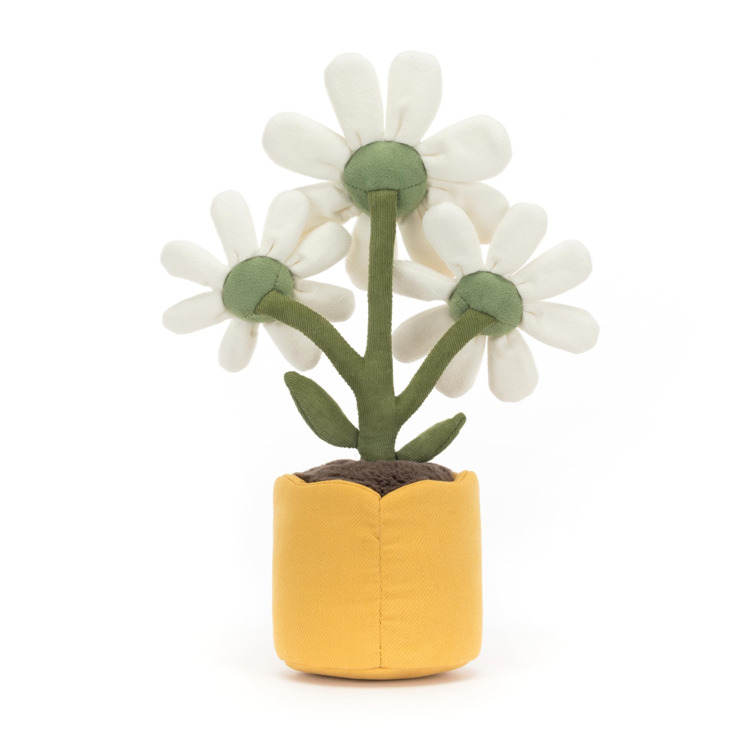 Jellycat Amuseables Daisy Pot green stem connects to gold and white blooms, inviting imaginative play.