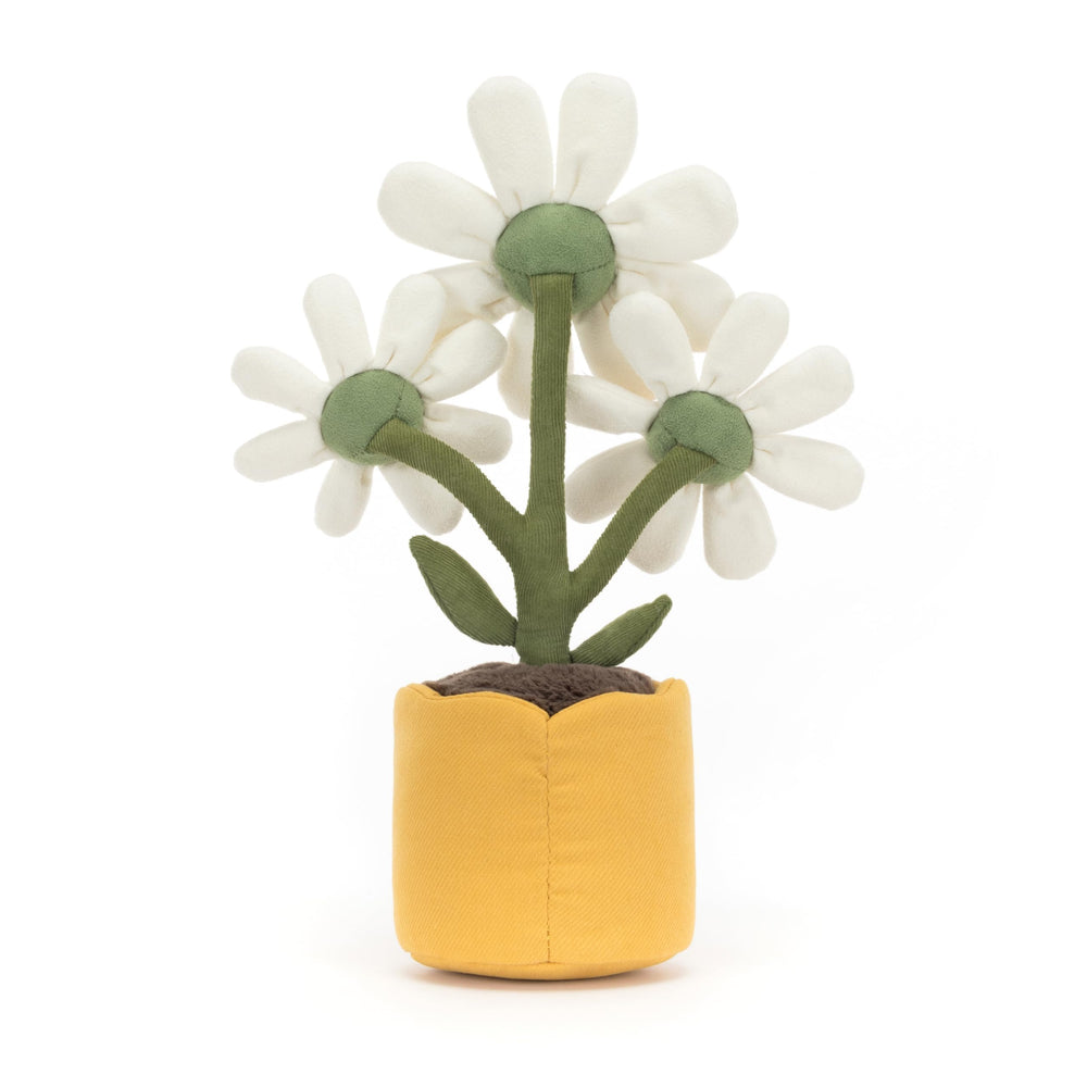 Jellycat Amuseables Daisy Pot green stem connects to gold and white blooms, inviting imaginative play.