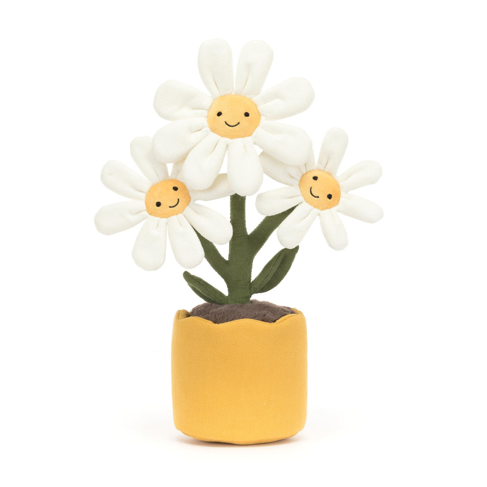 Jellycat Amuseables Daisy Pot measures 13 inches tall for compact cuddle and display.