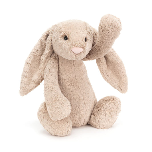 Jellycat Bashful Beige Bunny side profile showing huggable size and friendly expression