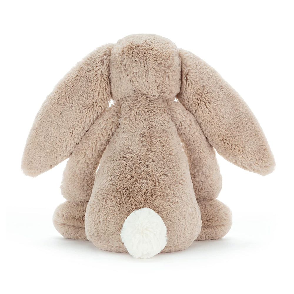 Jellycat Bashful Beige Bunny sits at 11 inches tall for display and hugging.